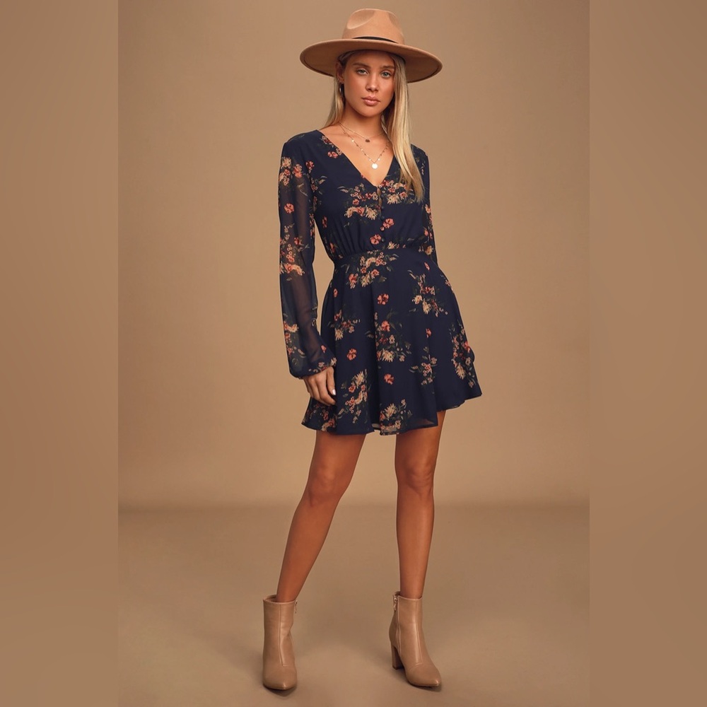 Lulus Navy Blue Floral Print Long Sleeve Skater Dress